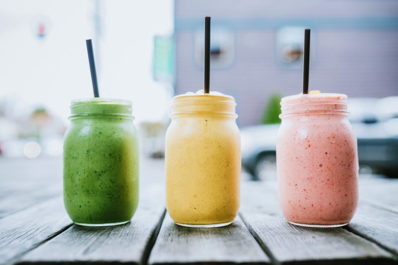 green, yellow and pink smoothies
