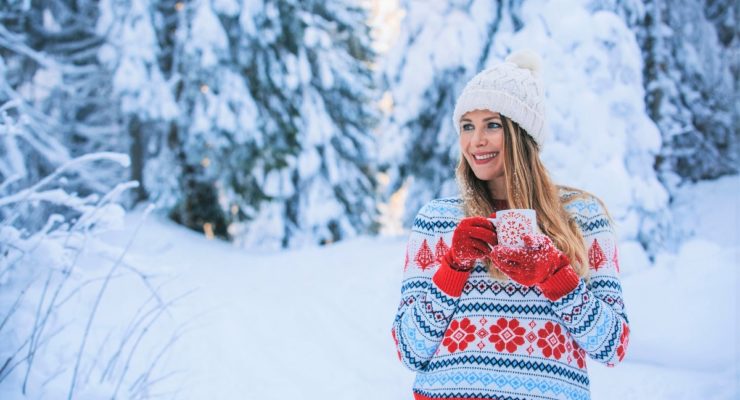 a woman having a hot drink in a snowy outdoors environment. Easy weight loss meal plan.