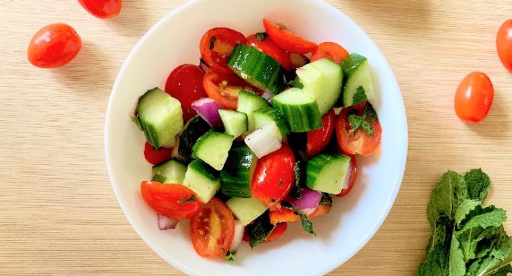 Mediterranean cucumber, tomato, onion and mint salad