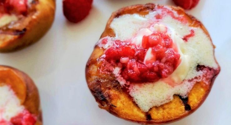 Grilled Peach Melba with mascarpone cheese and raspberries