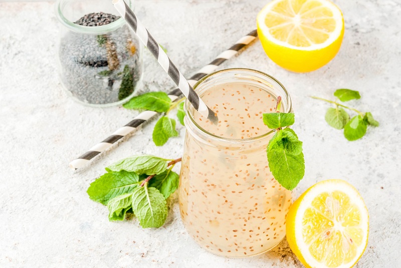 Water infused with Chia seed, with lemon and mint.