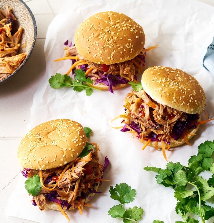 spicy pineapple teriyaki pulled pork on buns with vegetables
