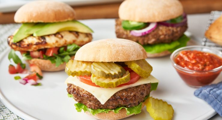 Grilled Chicken Sandwiches and Hamburgers with different toppings
